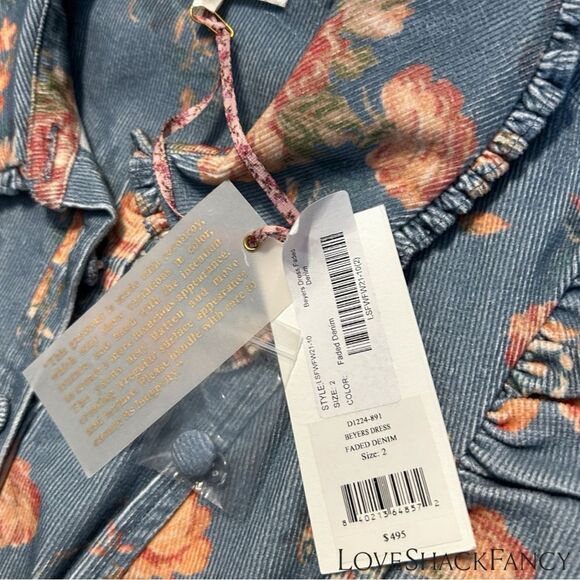 LOVESHACKFANCY **NWT** Beyers Corduroy Mini Dress in Faded Denim Floral - Picture 15 of 16